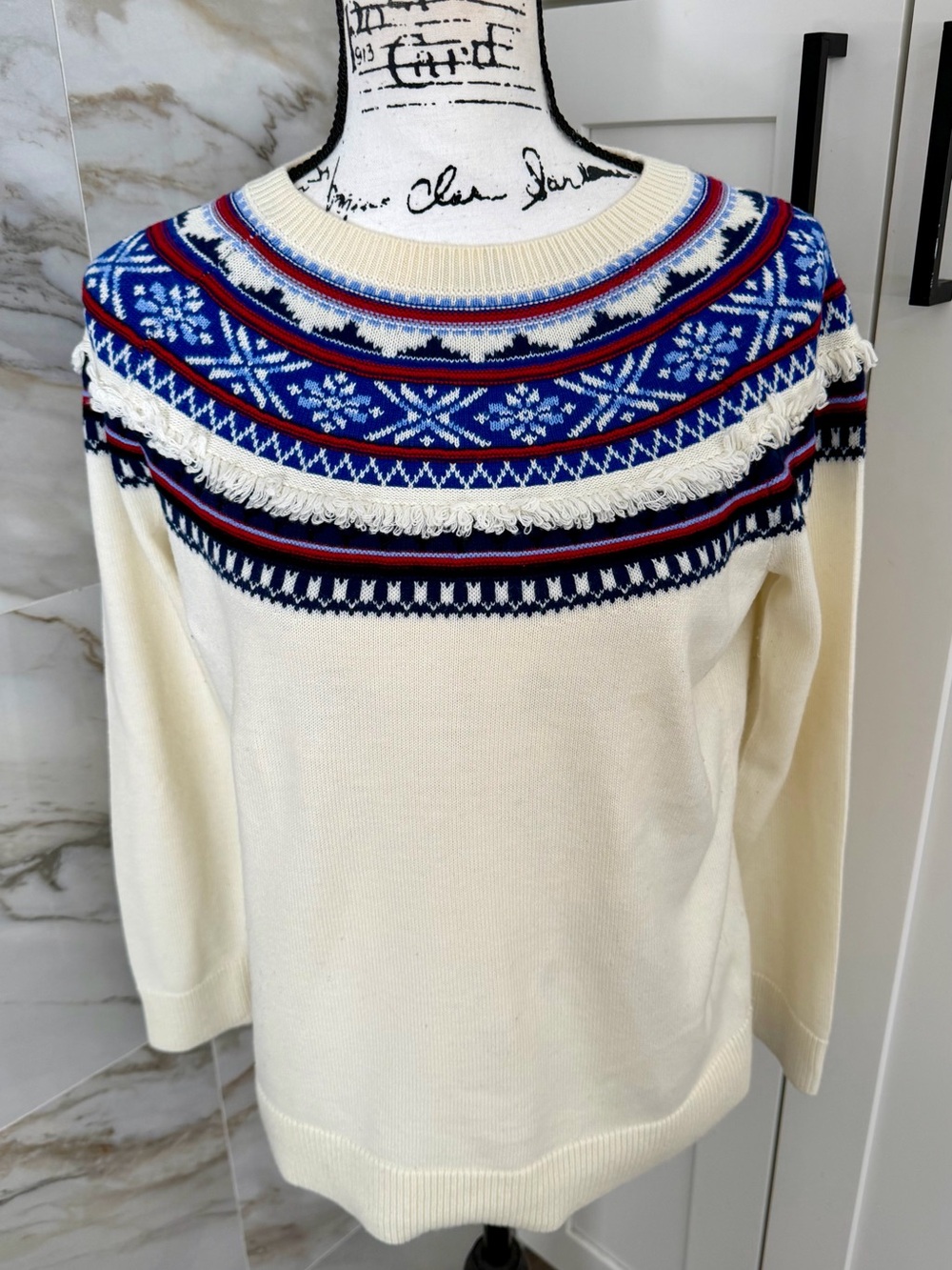 Talbots Cream Sweater with Blue Fair Isle Yoke and Fringe Med New